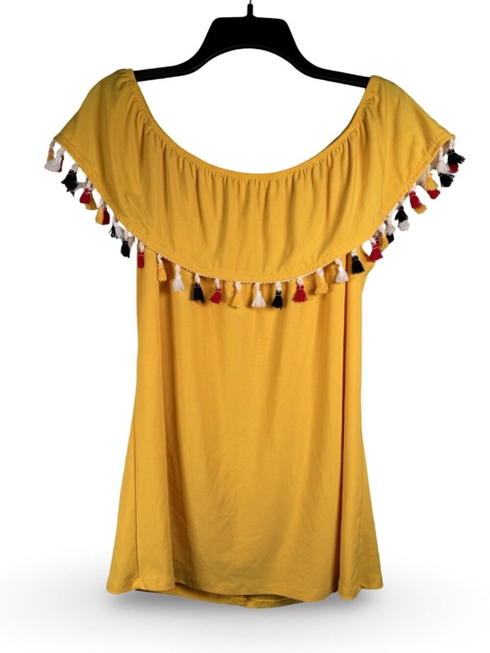 Diana Belle Off Shoulder Boho Tassel Flounce Top Womens L Yellow Summer Festival